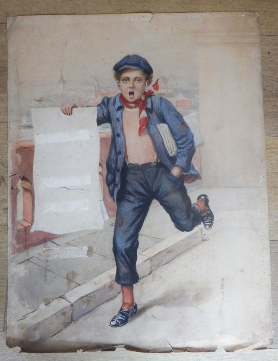 Little Newspaper Delivery Boy, Gouache In The Style Of Firmin Bouisset-photo-2