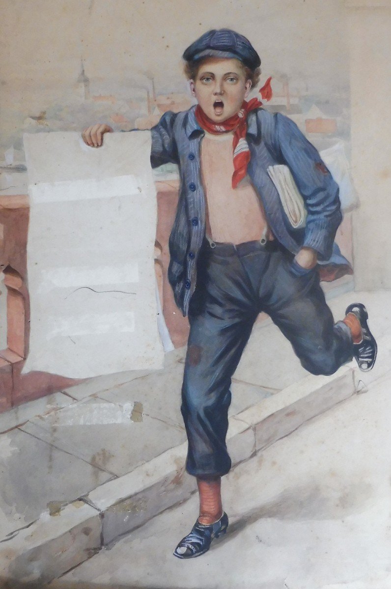 Little Newspaper Delivery Boy, Gouache In The Style Of Firmin Bouisset