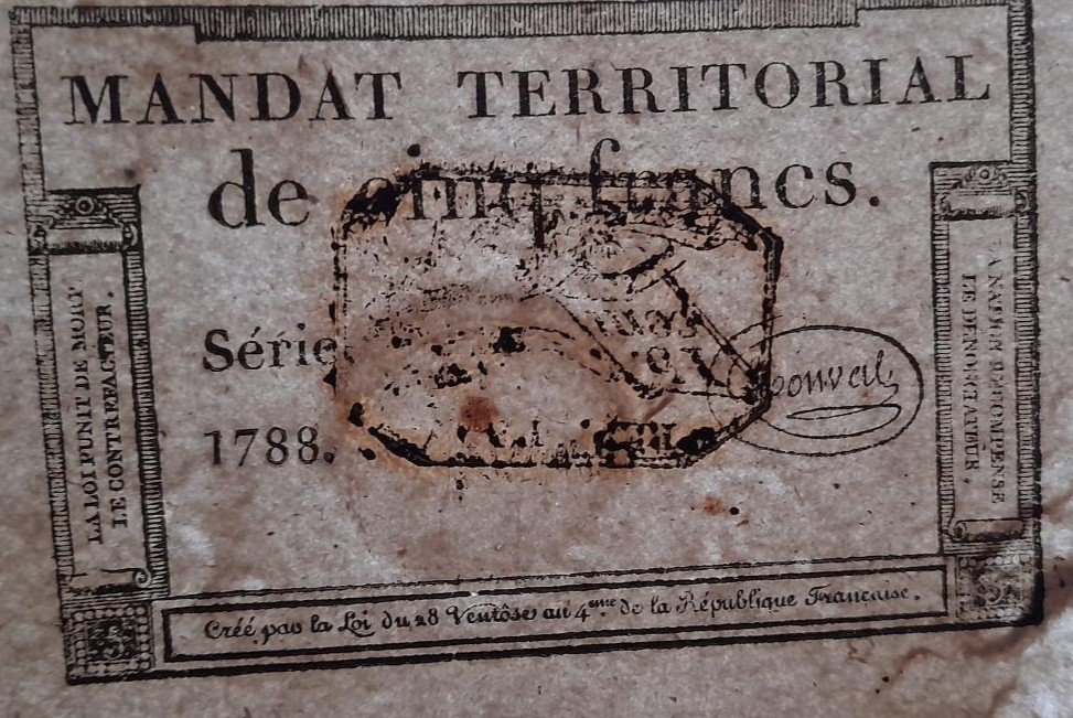 Mandat Territorial 5 Francs An 4 (1796) Avec Cachet Fiscal -photo-2