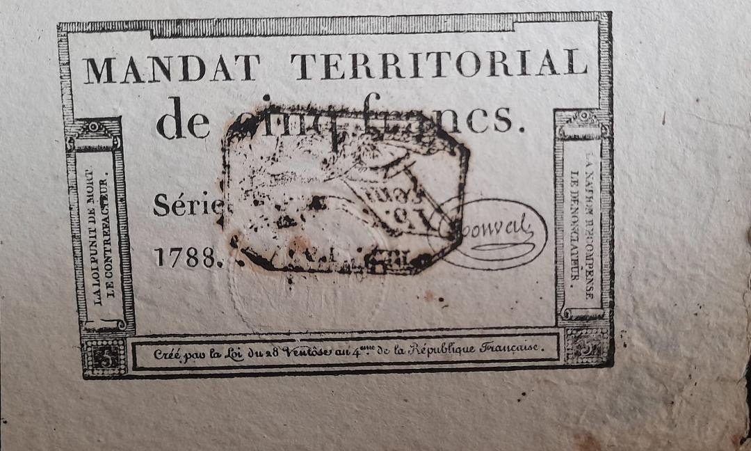 Mandat Territorial 5 Francs An 4 (1796) Avec Cachet Fiscal -photo-3