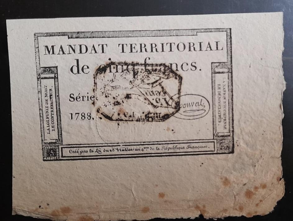 Mandat Territorial 5 Francs An 4 (1796) Avec Cachet Fiscal 