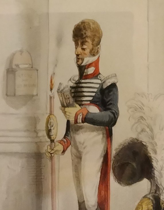 Gouache Drawing "france 1822-bodyguard" Draner.-photo-3