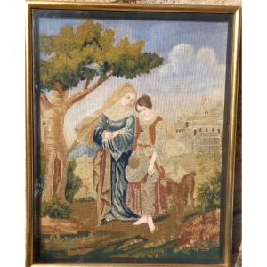 Tableau En Broderie 19 ème - Allégorie De Sainte Anne Enseignant La Vierge Marie.