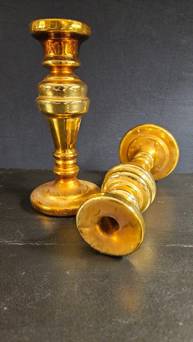 Pair Of Golden Mercurized Glass Candlesticks-photo-3
