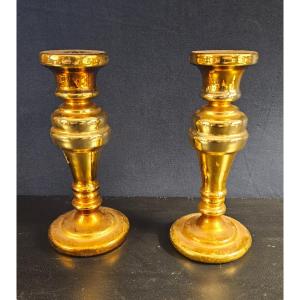 Pair Of Golden Mercurized Glass Candlesticks