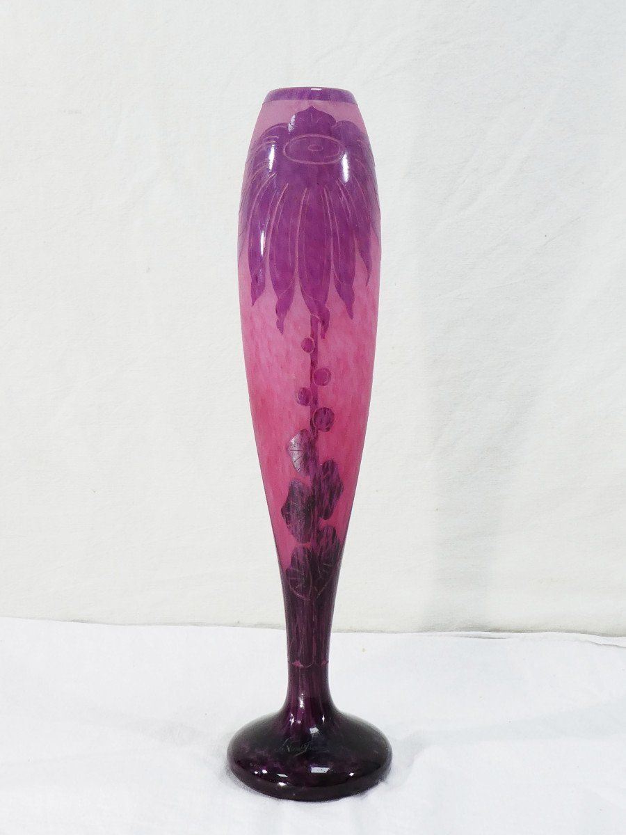 Large Art Deco Vase With Dahlias Signed Le Verre Francais /schneider