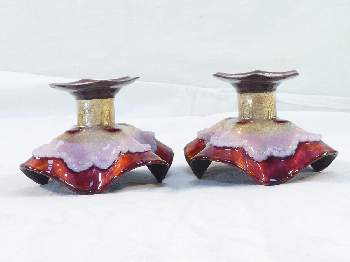 Rare And Old Pair Of Limoges Enamel Candlesticks Signed Marylou-photo-2