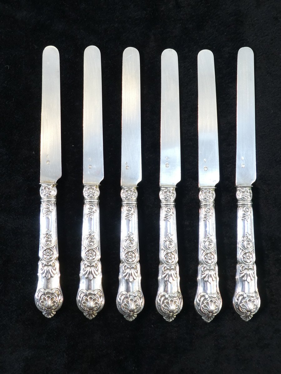 6 Dessert Knives Blade And Handle In Solid Silver-photo-3