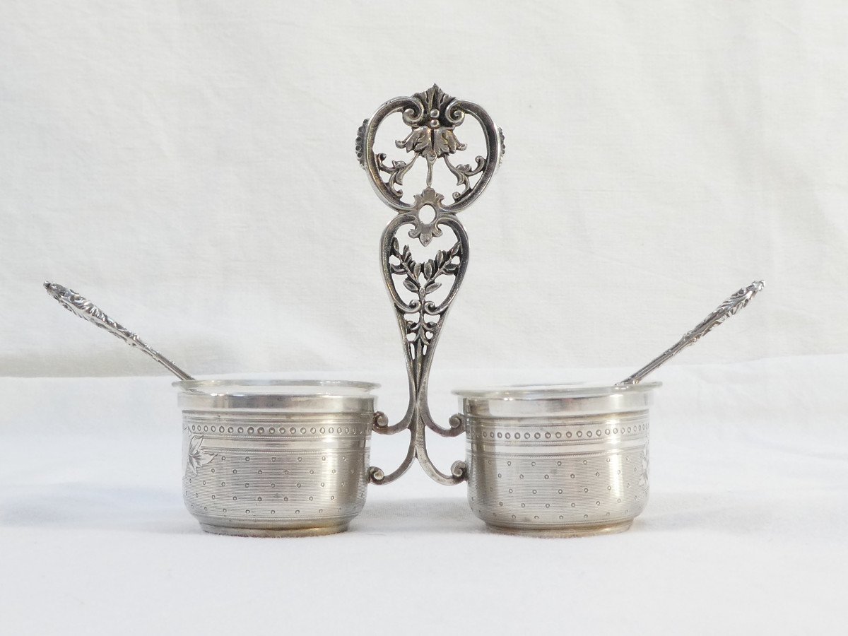 Lovely Double Salt Pots With Its Solid Silver Spoons Albert Chapus-photo-2