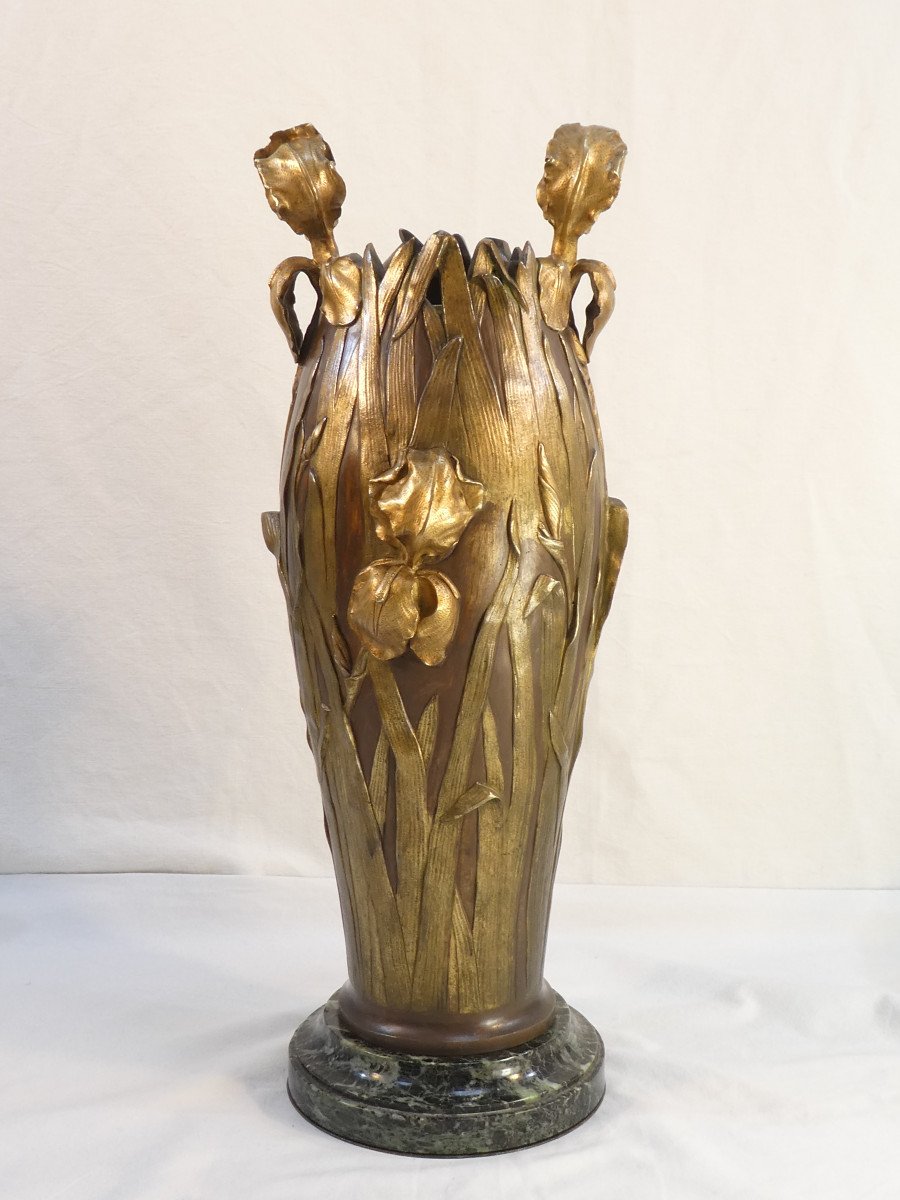 Large Iris Vase In Art Nouveau Bronze Signed Abel-photo-4