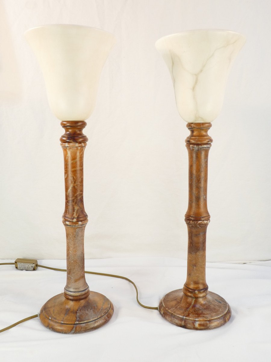 Pair Of Vintage Lamps In Natural Stone And Alabaster Pegasam Style-photo-2