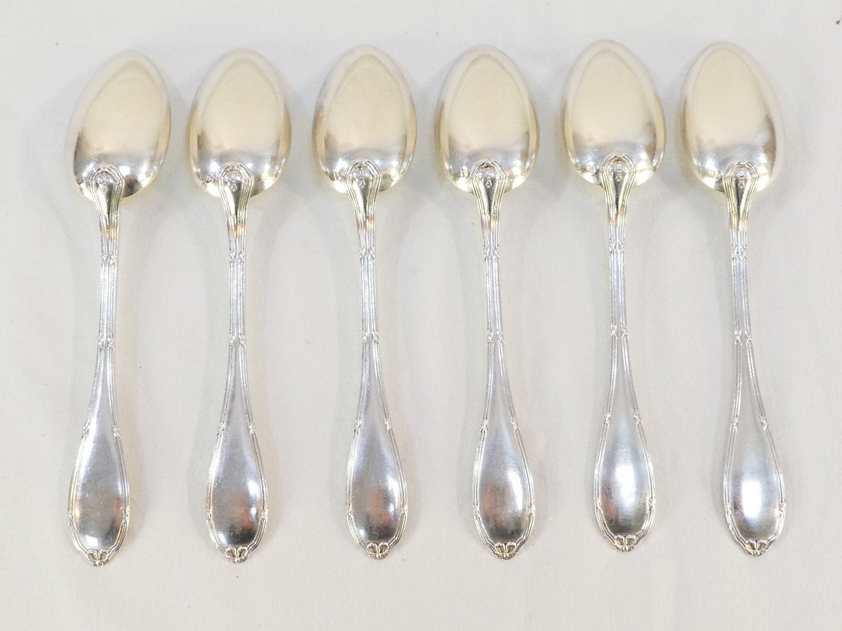 6 Solid Silver Dessert Spoons With Crossed Ribbon Lapparra And Gabriel-photo-2