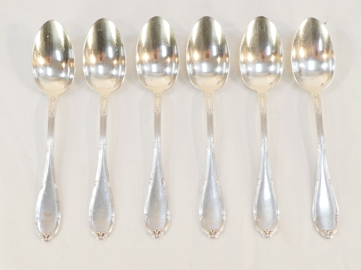 6 Solid Silver Dessert Spoons With Crossed Ribbon Lapparra And Gabriel