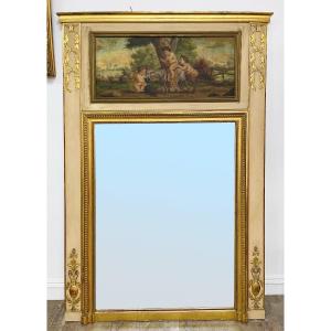 Grand miroir Trumeau peint et doré a la feuille d'epoque 19eme toile PUTTI