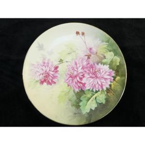 Limoges Porcelain Dish Decorated With Pink Dahlia Signed Martial