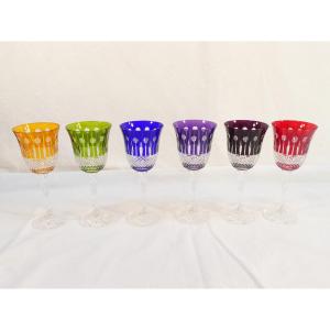 6 grands verres a eau en cristal de couleur ( Cristallerie de Lorraine )