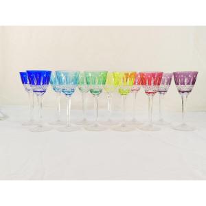 12 Large Colored Crystal Glasses (cristallerie De Lorraine)