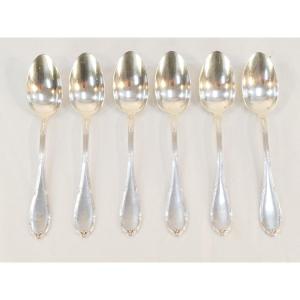 6 Solid Silver Dessert Spoons With Crossed Ribbon Lapparra And Gabriel