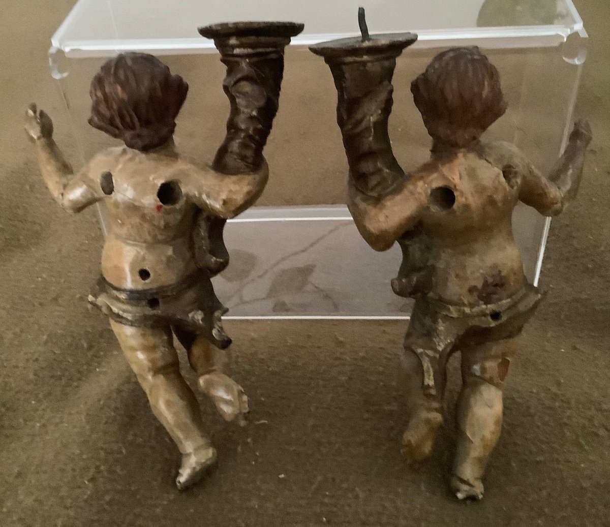 A Pair Of Candlesticks Carved Angels In Polychrome Wood 18th Century-photo-3
