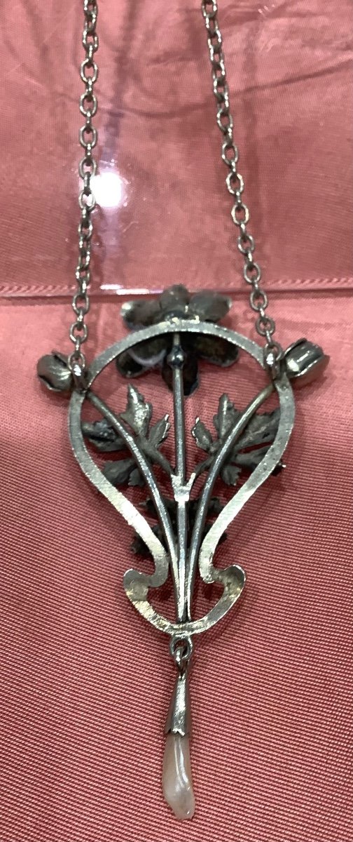 Pendentif Et Chaîne En Argent Avec Décor Fleurs Et Une Perle Baroque-photo-2