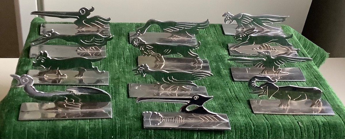 12 Chrome Regulus Knife Holders Representing Animals In The Style Of Bernjamin Rabier