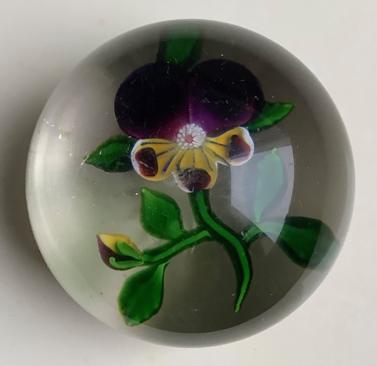 Baccarat Sulfide Glass Paperweight Decorated With A Pansy Cut On The Reverse