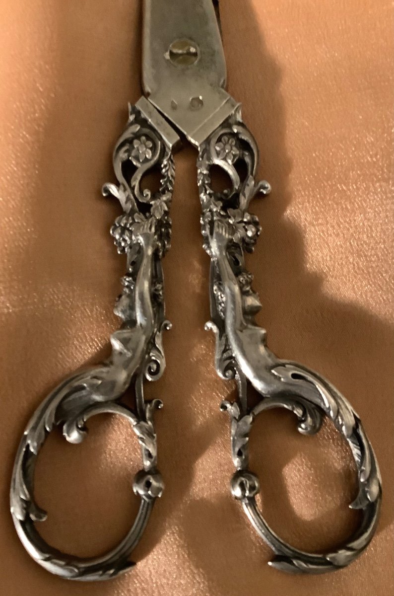 Pair Of Silver Grape Scissors With Anthropomorphic Character Decor -photo-1