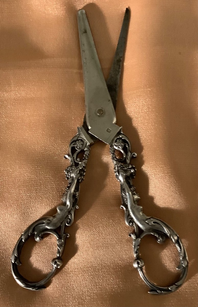 Pair Of Silver Grape Scissors With Anthropomorphic Character Decor 