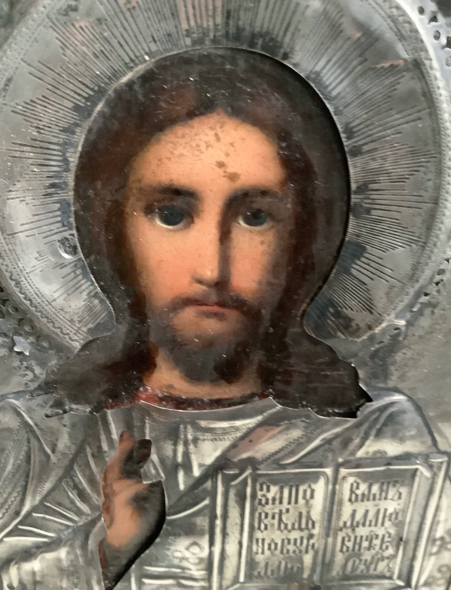 Icon Du Christ Pantocrator, huile sur bois en argent 84 zolotniks,Moscou 1899-1908-photo-2