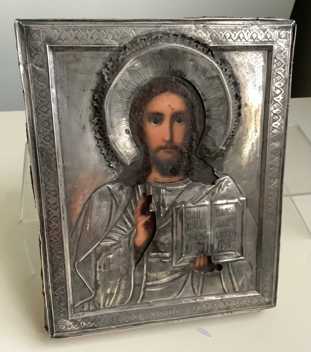 Icon Du Christ Pantocrator, huile sur bois en argent 84 zolotniks,Moscou 1899-1908