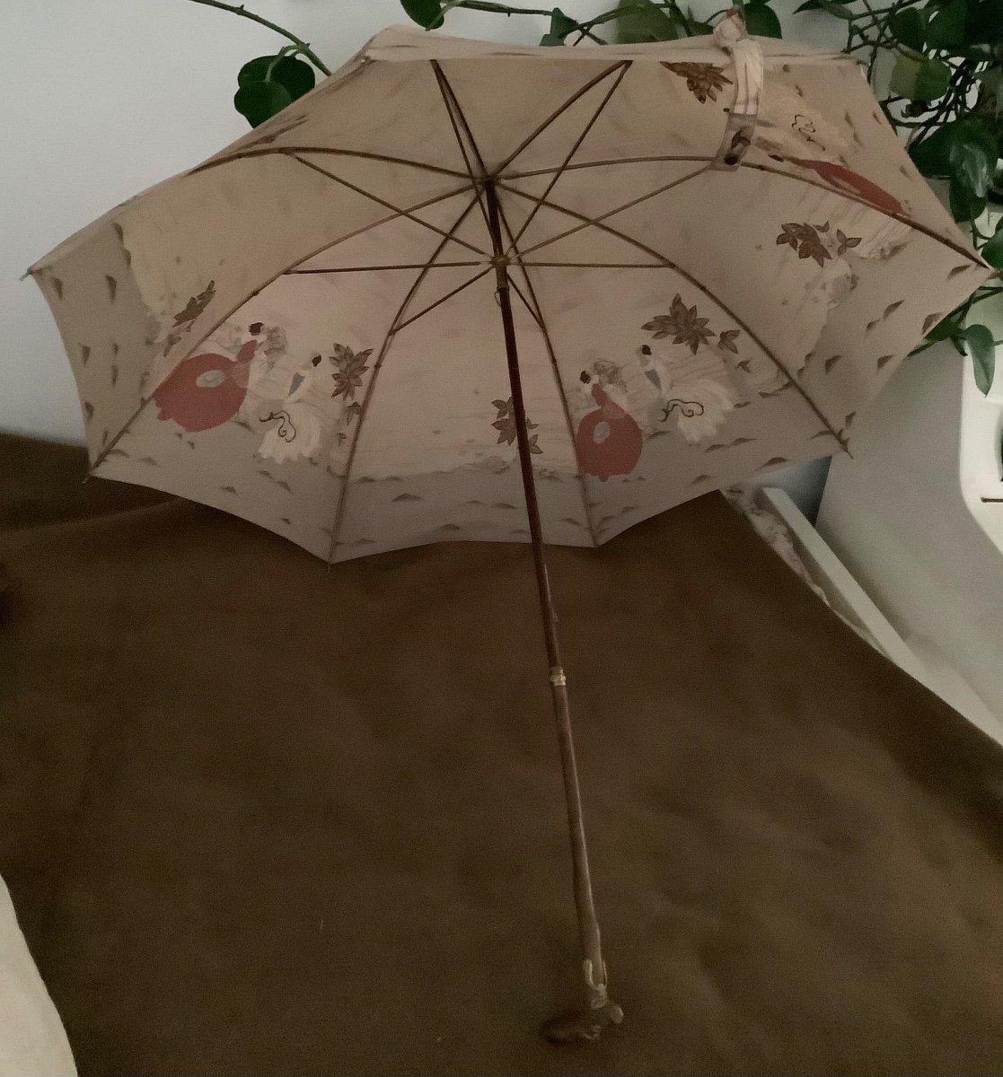 Umbrella, Printed With A Couple Of Young Women, The Handle Enhanced With Maple Samaras -photo-2