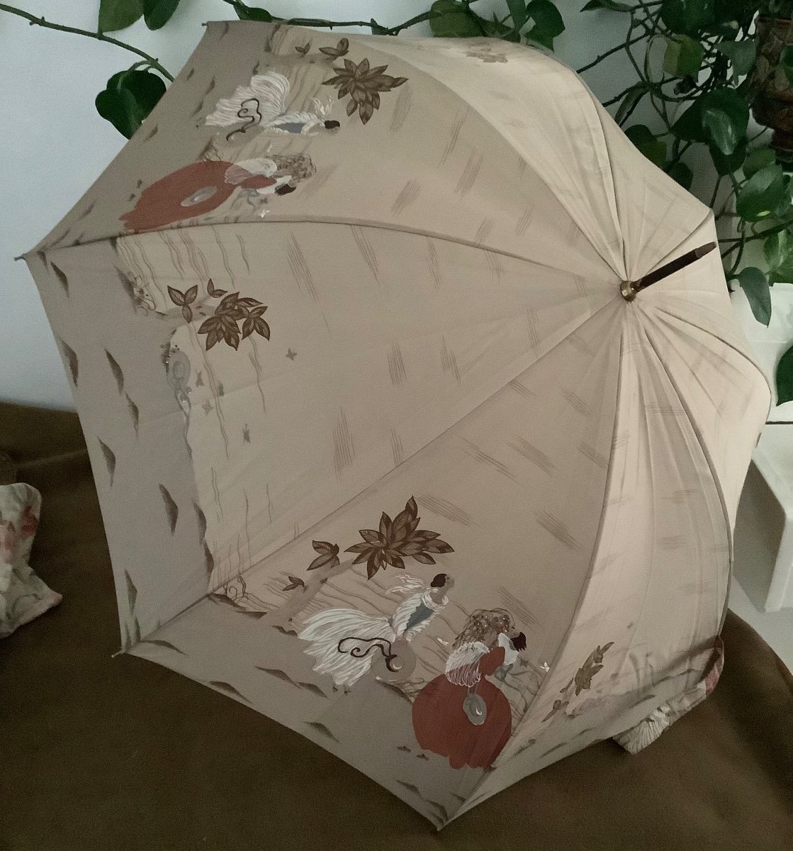 Umbrella, Printed With A Couple Of Young Women, The Handle Enhanced With Maple Samaras 