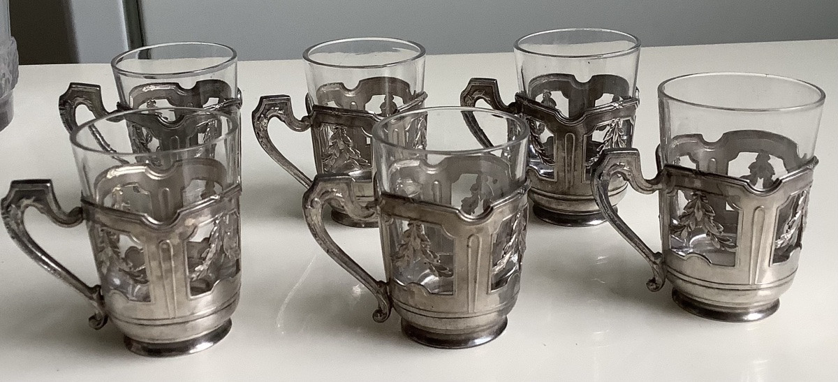 6 Verres De Liqueurs Avec Supports En Argent-photo-1