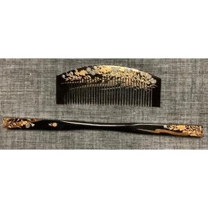 2 Pieces Japanese Combs Decor Wild Flowers Of Autumn Signed Koraku Meiji Period