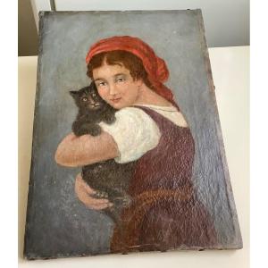 Tableau En Huile Sur Toile De Une Fille Avec Son Chat