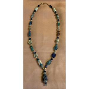 Antique Gold Mounted Roman Glass Necklace.  