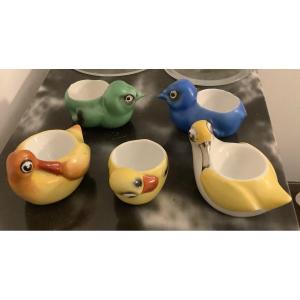 5 Coquetiers  En Formes De Canards En Porcelaine