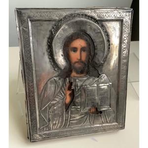 Icon Of Christ Pantocrator, Oil On Wood In Silver 84 Zolotniks, Moscow 1899-1908