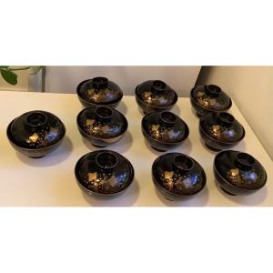 10 Containers (owan) Lacquered Wood Wave Decor Meiji Period