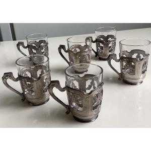 6 Liqueur Glasses With Silver Holders