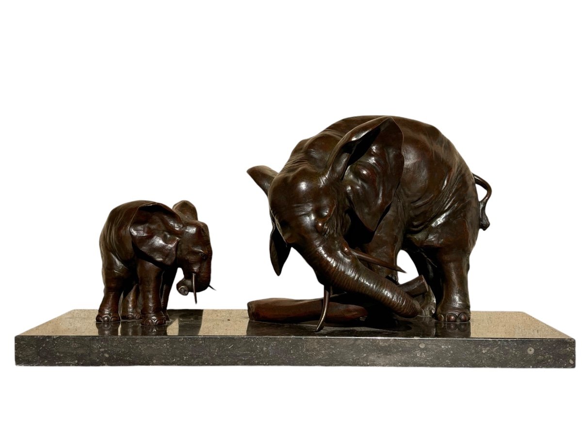 Art Deco Animal Bronze - Elephant & Baby Elephant - Ulisse Caputo 