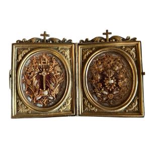 Double Reliquary Incredible Condition In Silver Gilt With Its Box 