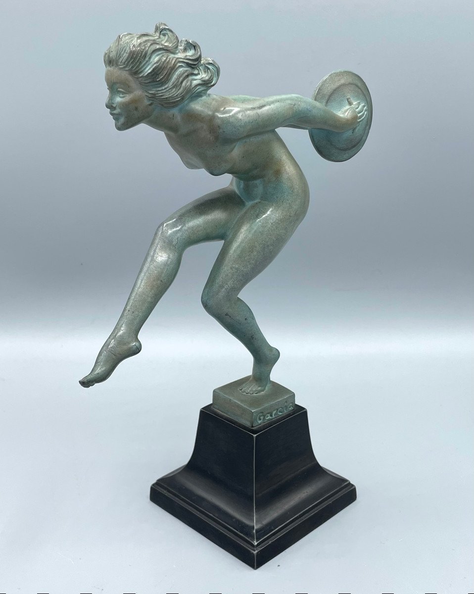 Sculpture Art Deco Danseuse Aux Disques Garcia Max Le Verrier-photo-2