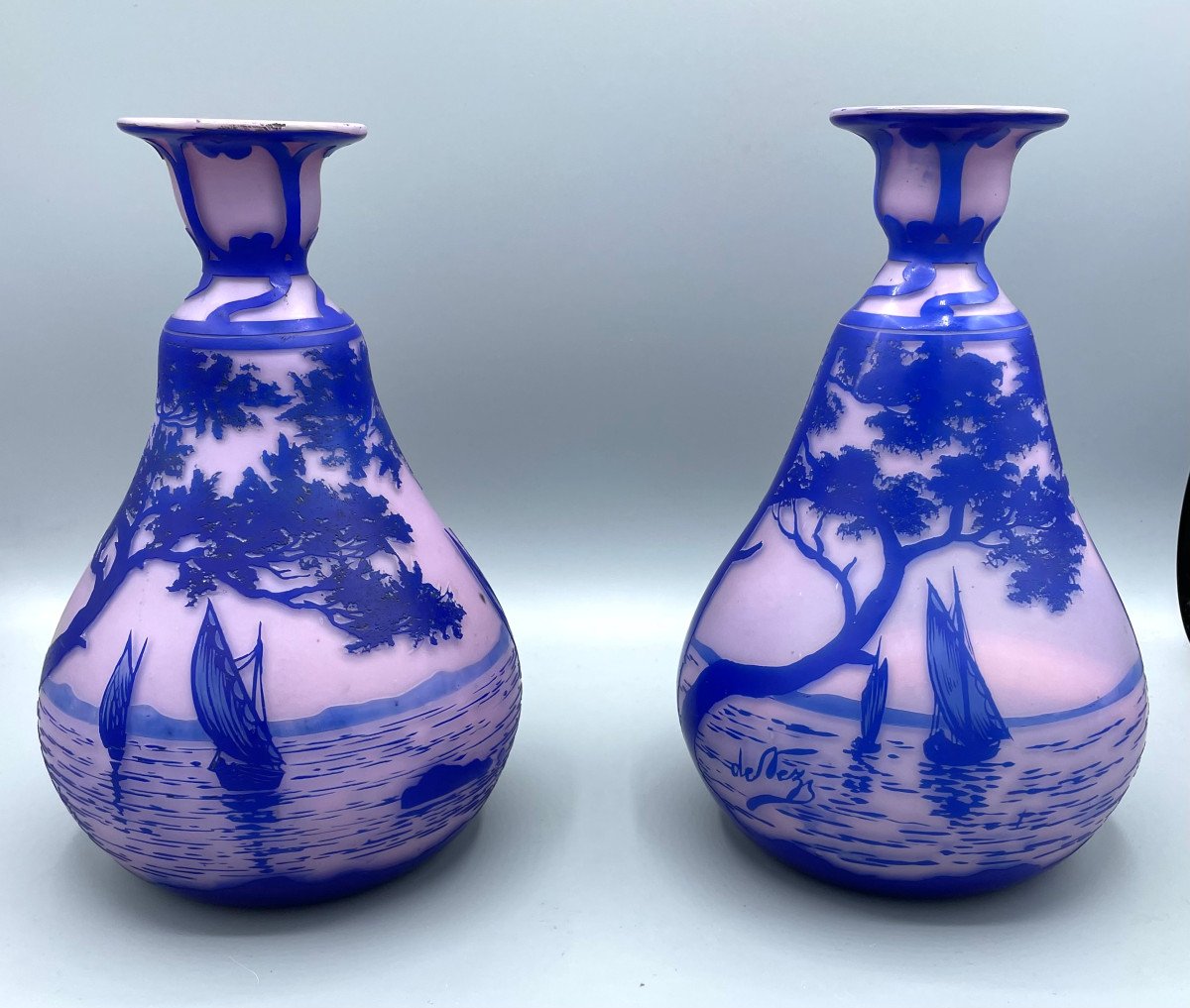 Pair Of Art Nouveau Vases Signed De Vez Cristallerie De Pantin Circa 1900