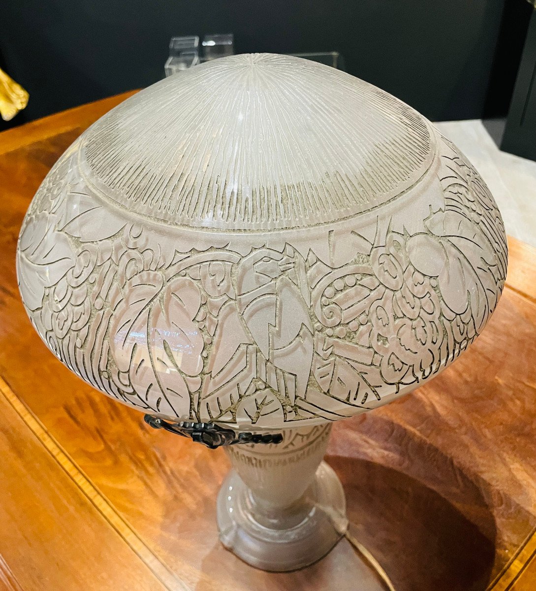 Large Art Deco Mushroom Lamp With Finches A. Delatte Nancy Era Daum-photo-4