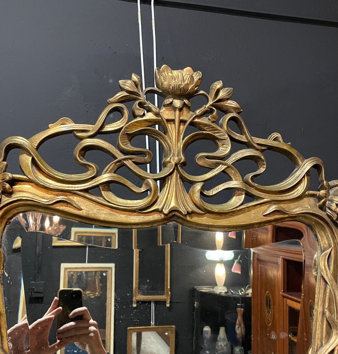 Large Art Nouveau Mirror With Water Lilies In Wood And Golden Stucco School Of Nancy-photo-2