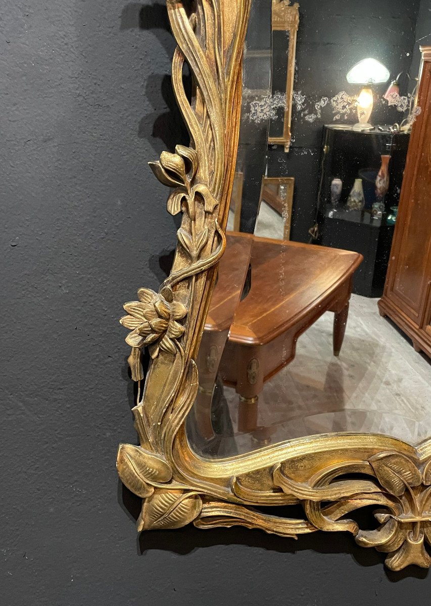 Large Art Nouveau Mirror With Water Lilies In Wood And Golden Stucco School Of Nancy-photo-4