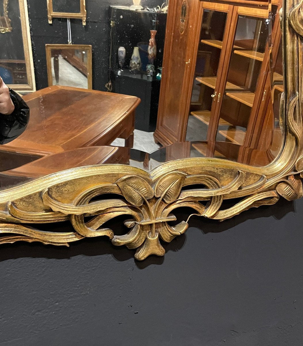 Large Art Nouveau Mirror With Water Lilies In Wood And Golden Stucco School Of Nancy-photo-1