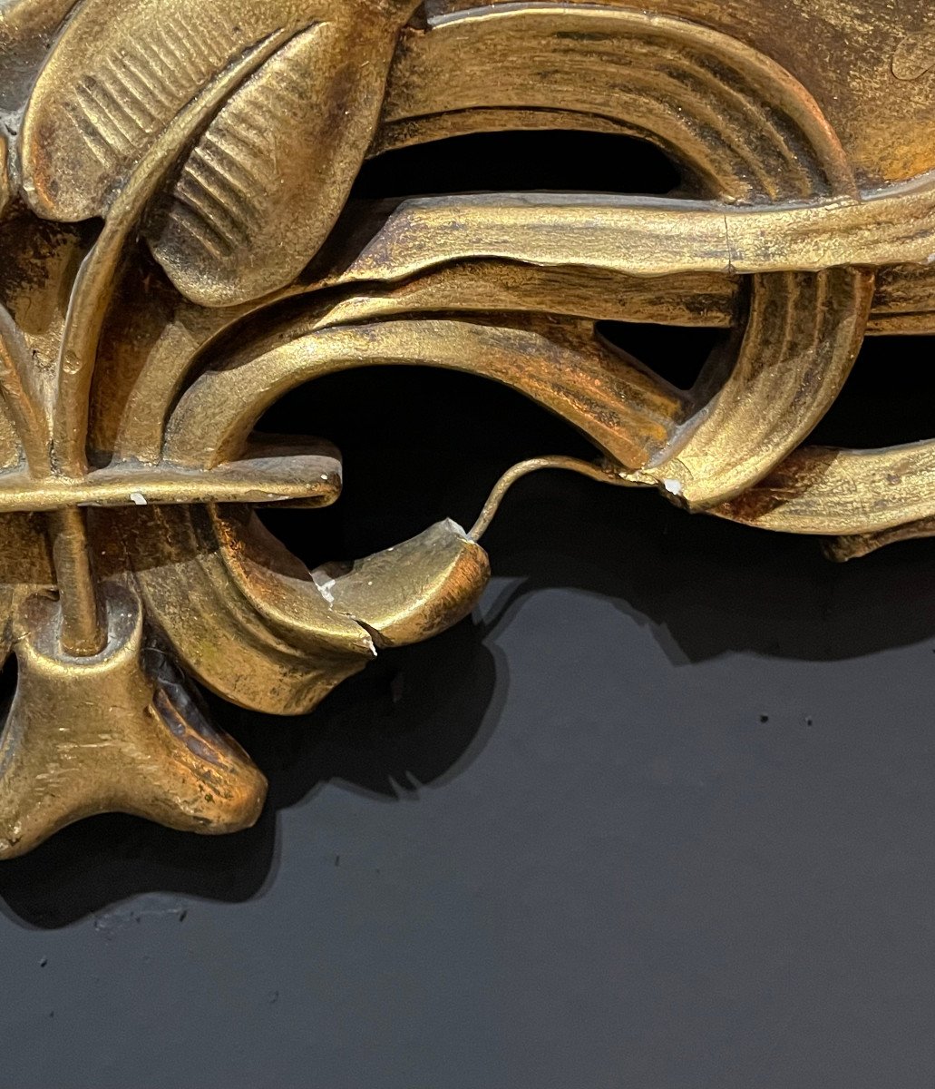 Large Art Nouveau Mirror With Water Lilies In Wood And Golden Stucco School Of Nancy-photo-7