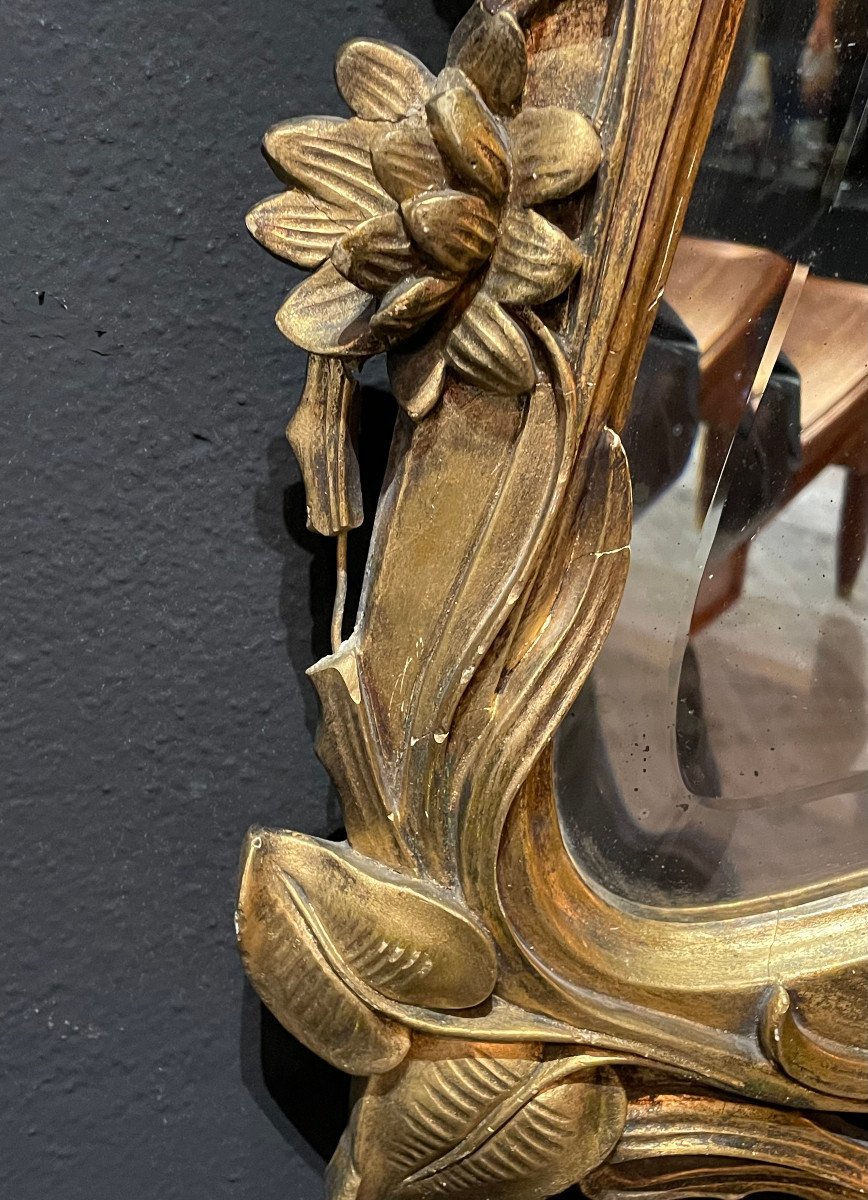 Large Art Nouveau Mirror With Water Lilies In Wood And Golden Stucco School Of Nancy-photo-8